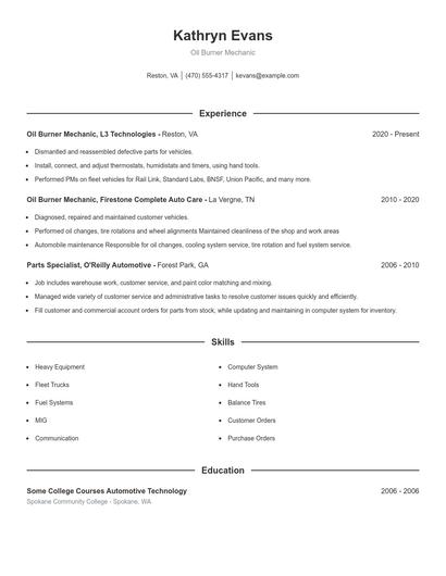 Oil Burner Mechanic Resume
