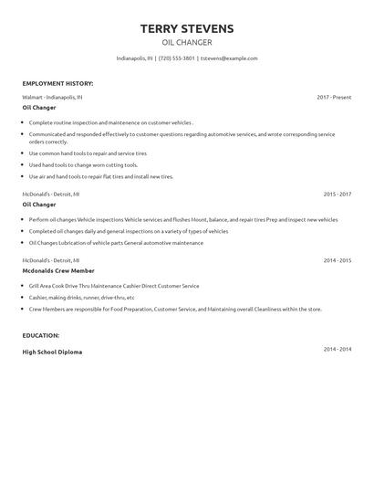 Oil Changer Resume