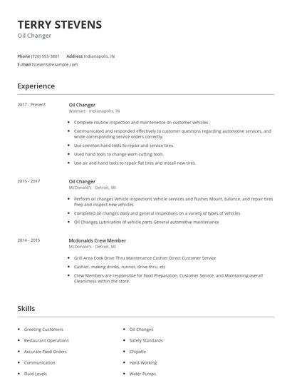 Oil Changer Resume