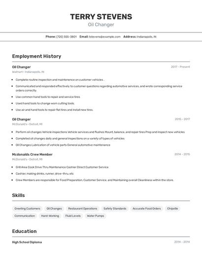 Oil Changer Resume