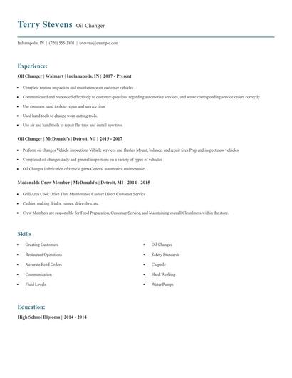 Oil Changer Resume