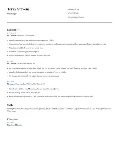 Oil Changer Resume