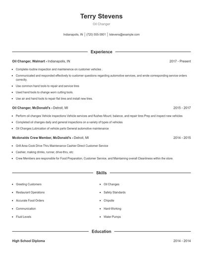 Oil Changer Resume
