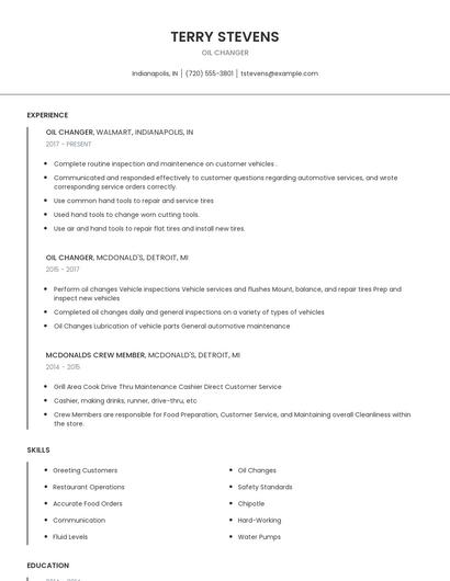 Oil Changer Resume