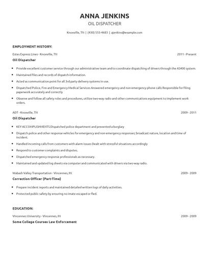 Oil Dispatcher Resume