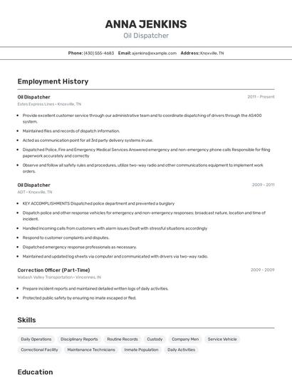 Oil Dispatcher Resume