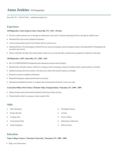 Oil Dispatcher Resume