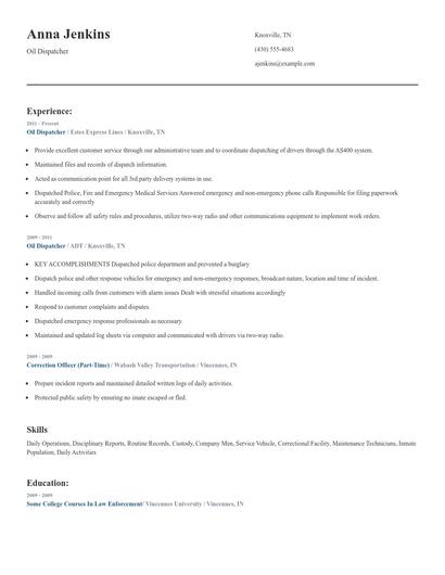 Oil Dispatcher Resume