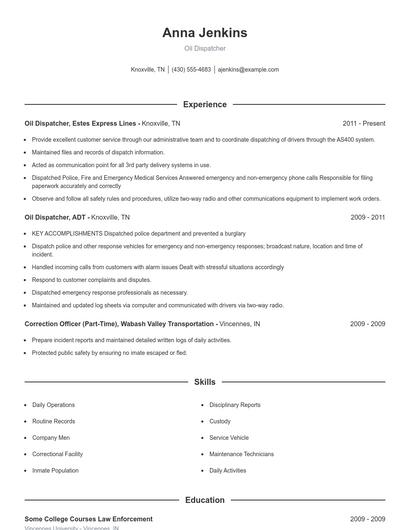 Oil Dispatcher Resume
