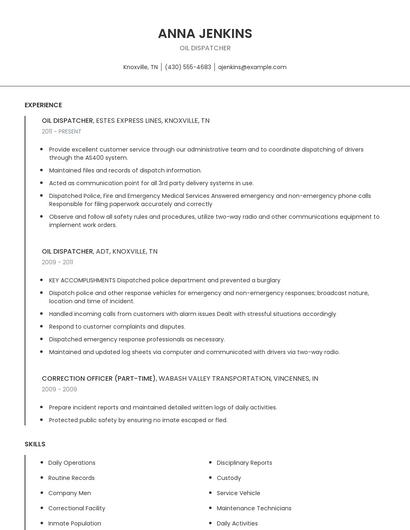 Oil Dispatcher Resume