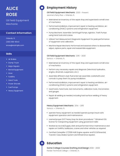 Oil Field Equipment Mechanic Resume