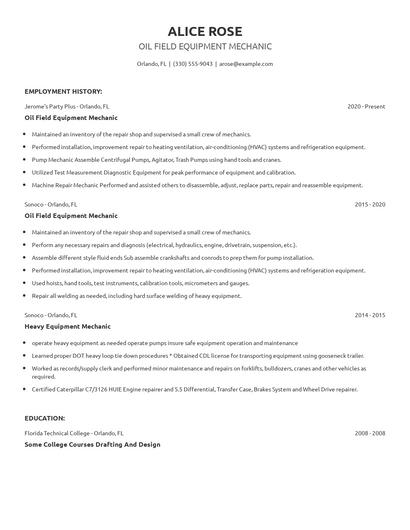 Oil Field Equipment Mechanic Resume