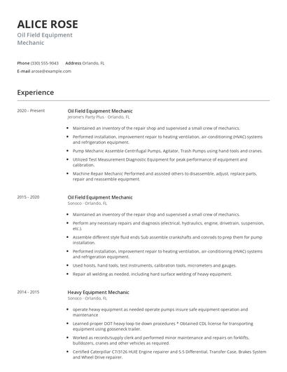 Oil Field Equipment Mechanic Resume