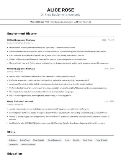 Oil Field Equipment Mechanic Resume