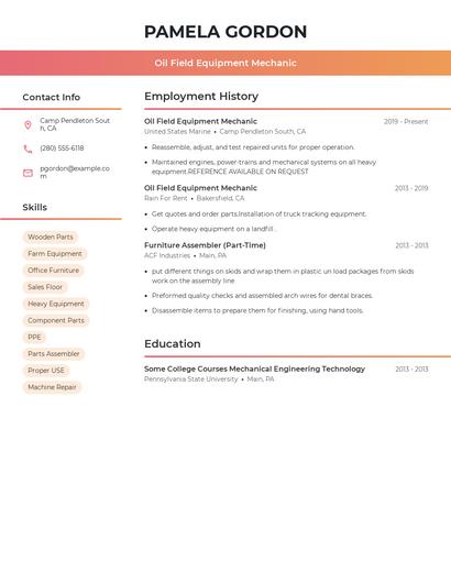 Oil Field Equipment Mechanic Resume