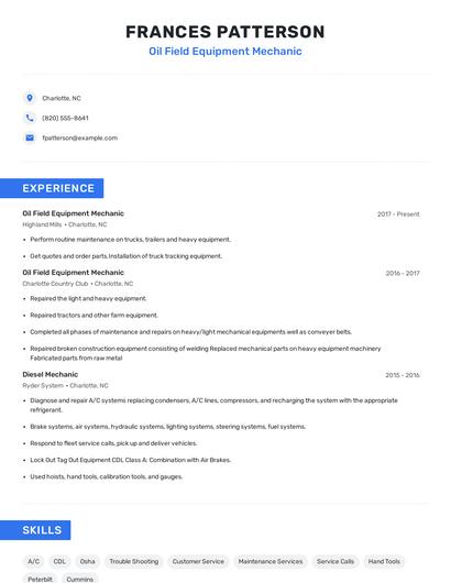 Oil Field Equipment Mechanic Resume