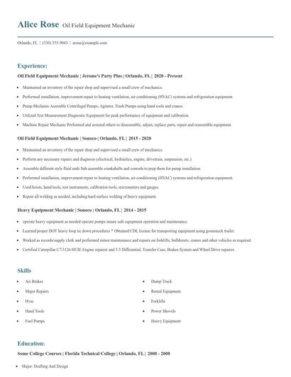 Oil Field Equipment Mechanic Resume
