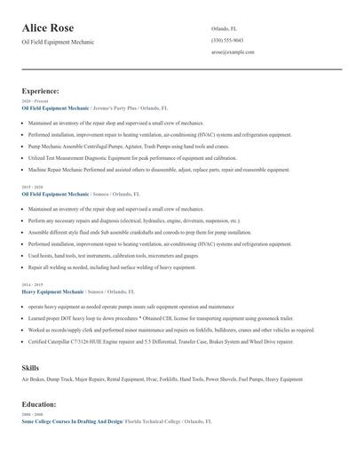 Oil Field Equipment Mechanic Resume