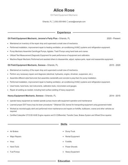 Oil Field Equipment Mechanic Resume