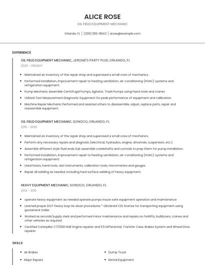 Oil Field Equipment Mechanic Resume