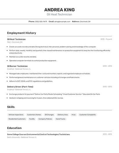 Oil Heat Technician Resume