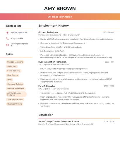 Oil Heat Technician Resume