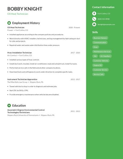 Oil Heat Technician Resume