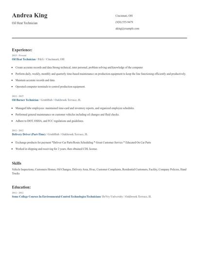 Oil Heat Technician Resume