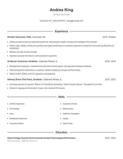 Oil Heat Technician Resume