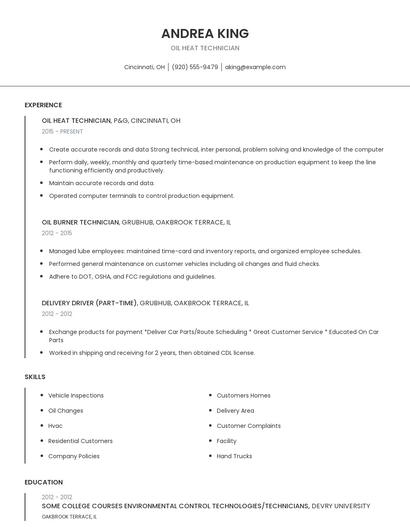 Oil Heat Technician Resume