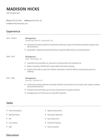 Oil Inspector Resume