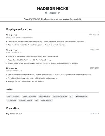 Oil Inspector Resume
