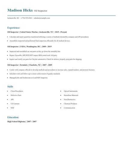 Oil Inspector Resume