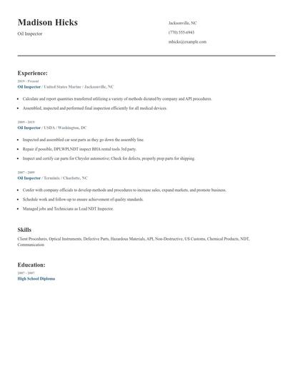 Oil Inspector Resume
