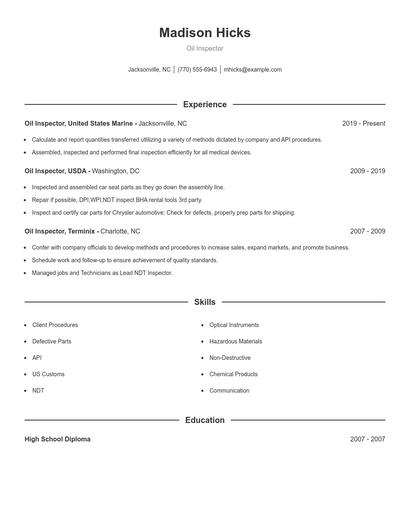 Oil Inspector Resume