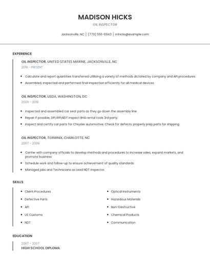 Oil Inspector Resume