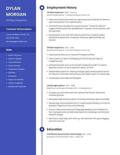 Oil Pipe Inspector Resume