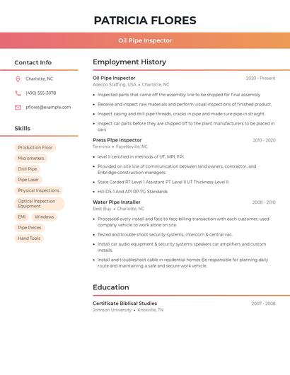 Oil Pipe Inspector Resume