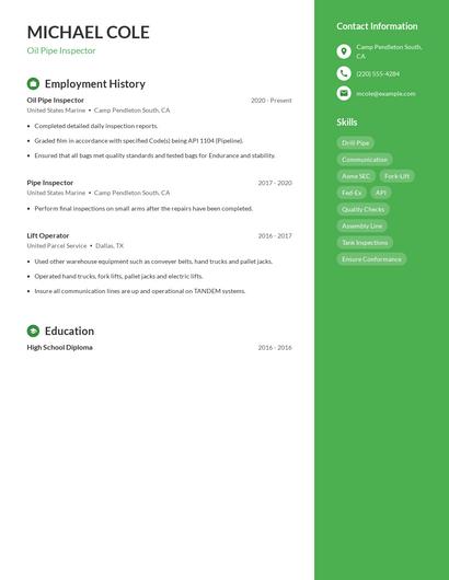Oil Pipe Inspector Resume