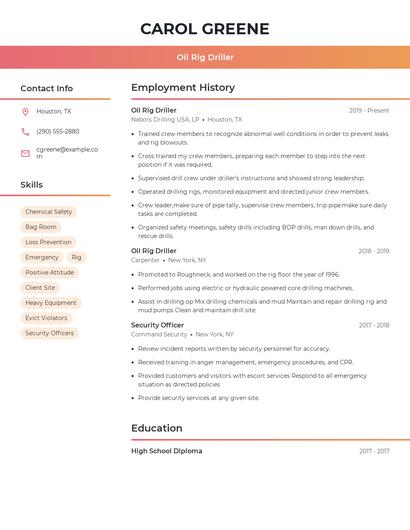 Oil Rig Driller Resume