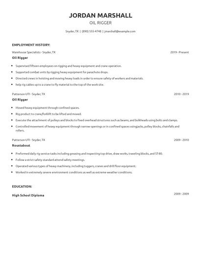Oil Rigger Resume