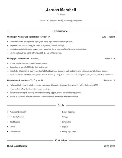 Oil Rigger Resume