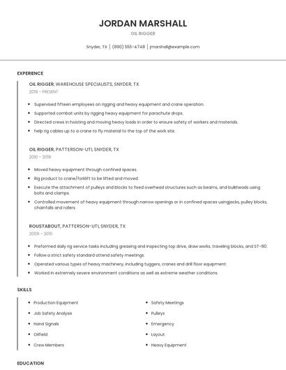 Oil Rigger Resume