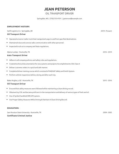 Oil Transport Driver Resume