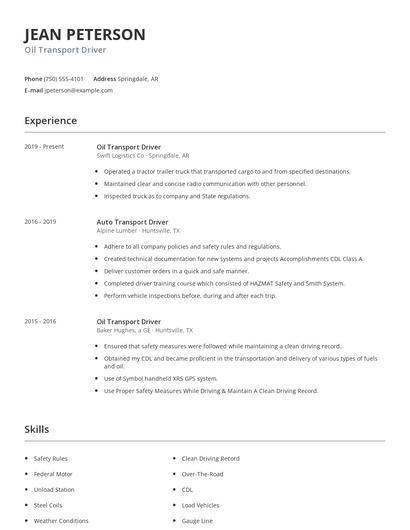 Oil Transport Driver Resume