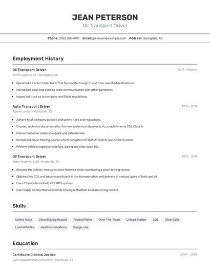Oil Transport Driver Resume