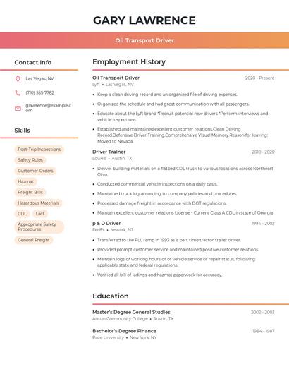 Oil Transport Driver Resume