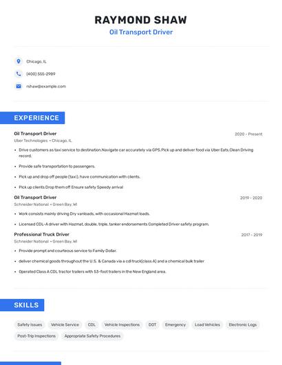 Oil Transport Driver Resume