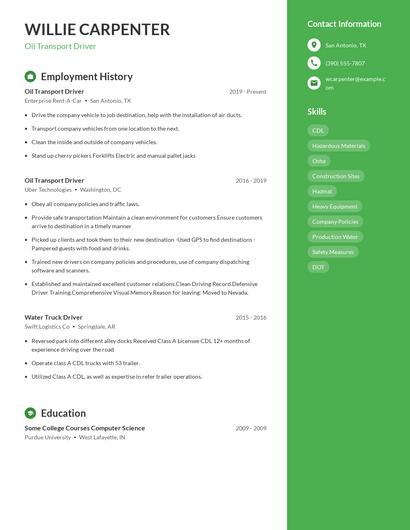 Oil Transport Driver Resume