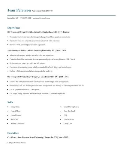 Oil Transport Driver Resume
